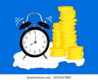 Modern collage with alarm clock and pile of coins. Fast growing business. Deadline concept. Ringing alarm clock and stack of coins