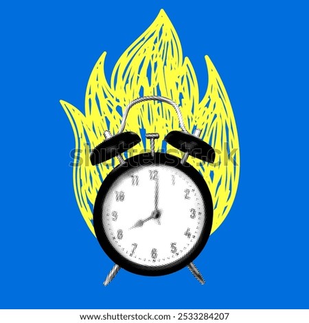 Modern collage with burning alarm clock. Deadline concept.