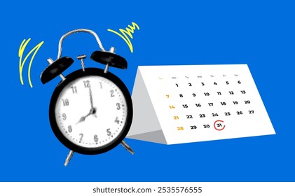 Modern collage with calendar and ringing alarm clock. Agenda, deadline concept. Reminder on calendar. Alert for business planning