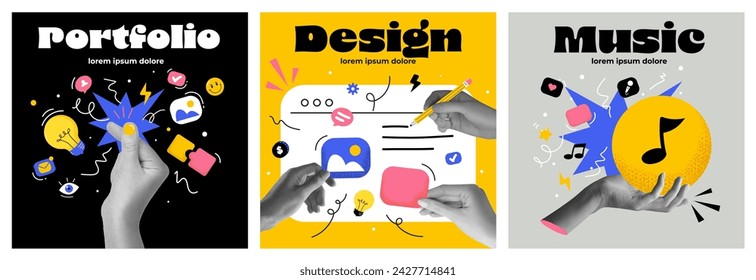 Modern collage concept of web design and development. Creative concept for web banner, social media banner, business presentation, marketing material. vector illustration