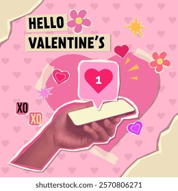 A modern collage depicting a hand holding a smartphone displaying a love message notification, surrounded by hearts and colorful elements for Valentine's Day.