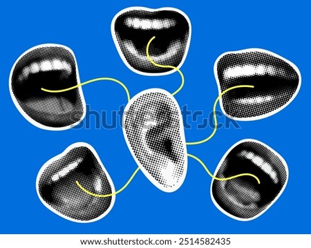 Modern collage with ear and halftone screaming mouths. Сoncept of rumors. Condemnation, criticism from people. Body parts cut out of newspaper