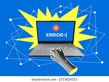 Colagem moderna com erro no laptop, página não encontrada. Problemas de conexão de rede. Conceito de trabalho técnico no local, reconstrução do local