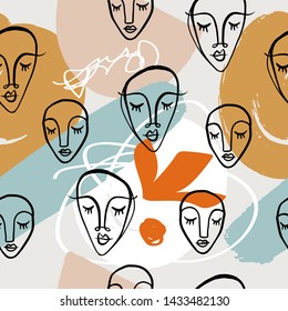 Modern collage faces seamless pattern with abstract shapes, stylish print. Vector EPS and jpg image, clipart, editable isolated details.