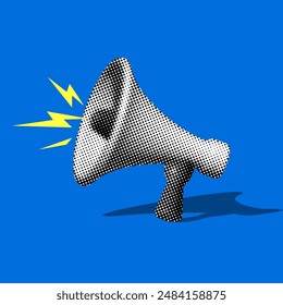 Modern collage with halftone bullhorn. Loudspeaker from retro newspaper parts. Comic dotted style megaphone. Announcing banner of news, sales