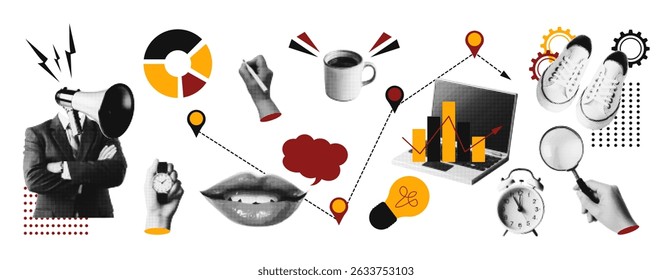 Modern collage  halftone of cut out elements halftone business design. Laptop, eyes, diagram, magnifier, startup, idea. Retro vector illustration for report, statistics, analysis.