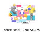 Modern collage with halftone hand controlling business processes. Leadership concept. Startup concept with arrow up, rocket, hands with sales chart. Vector illustration