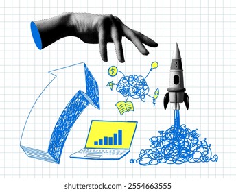 Modern collage with halftone hand controlling business processes. Leadership concept. Startup concept with arrow up, rocket, laptop with sales chart. Elements from newspaper