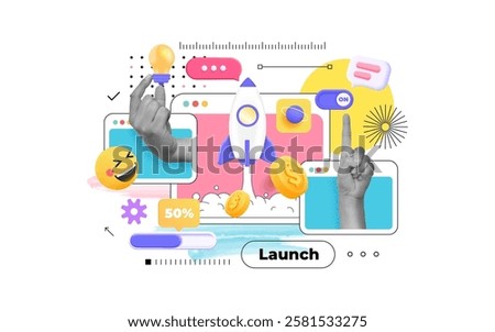 Modern collage with halftone hand controlling business processes. Leadership concept. Startup concept with arrow up, rocket, hands with sales chart. Vector illustration
