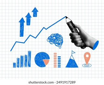 Modern collage. Halftone hand drawing a graph. Hand holding a pencil. Marketing analysis. Business data analytics charts. Doodle style brain, pie chart, location map pin mark, up arrow