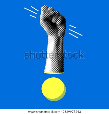 Modern collage. Halftone hand in the form of an exclamation mark. Closed fist. Concept of power. Attracting attention. Question Question