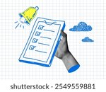 Modern collage. Halftone hand holding clipboard with checklist. Doodle style bell. Deadline concept. Сompleting tasks on time