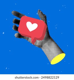 Modern collage with halftone hand holding like button. Hand hold speech bubble with heart sign. Social media addiction concept. Feedback sign