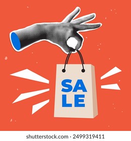 Modern collage with a halftone hand holding shopping bag with inscription Sale. Online shopping concept. Sale banner for social media. Delivery service. Trendy newspaper elements