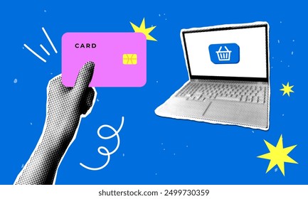 Modern collage. Halftone hand holding a credit card in hand. Online shopping concept. Laptop with shopping cart on screen. Y2K style. Trendy newspaper elements. Person pays on the Internet