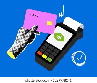 Modern collage with halftone hand holding card at payment terminal. Contactless payment concept. Financial transfers and transactions. POS terminal with check. Person pays for purchase by credit card