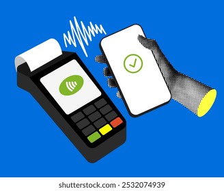 Modern collage with halftone hand holding phone at payment terminal. Contactless payment. Financial transfers and transactions. NFC, POS terminal with check. Person pays for purchase by smartphone