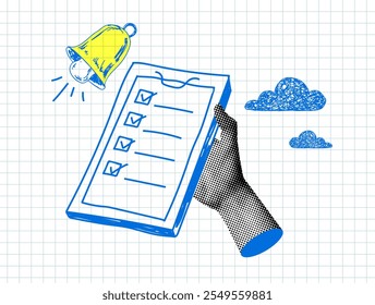 Modern collage. Halftone hand holding clipboard with checklist. Doodle style bell. Deadline concept. Сompleting tasks on time