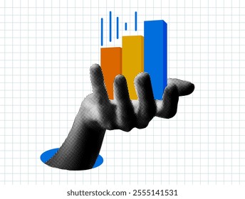 Modern collage with halftone hand holding sales growth chart.  Business and financial success concept. Analysis stock market. Income growth. Increasing profits illustration