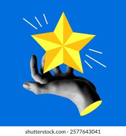 Modern collage. Halftone hand holding golden quality assurance star. High quality rating. Evaluation of service quality