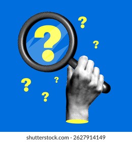 Modern collage with halftone hand holding a magnifying glass with question mark. Researching a question with a magnifying glass. Problem analysis. Finding a solution. Doubt and choice