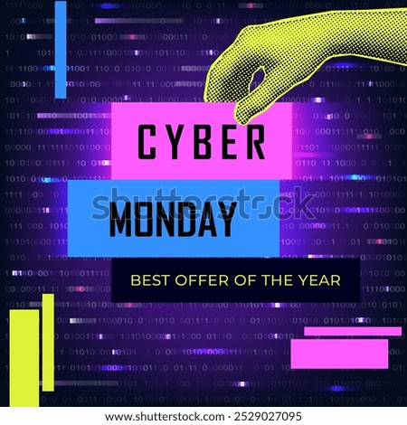 Modern collage with halftone hand holding Cyber Monday inscription. Sale banner background. Advertising and announcement banner