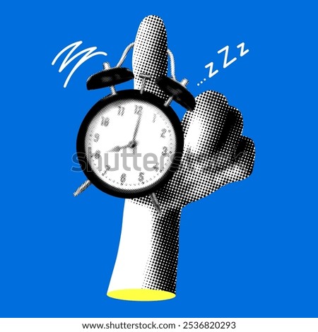 Modern collage with halftone hand holding alarm clock on pointing finger. Concept of deadline, time management. Morning wake up