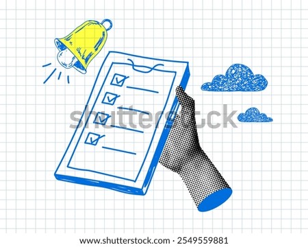 Modern collage. Halftone hand holding clipboard with checklist. Doodle style bell. Deadline concept. Сompleting tasks on time