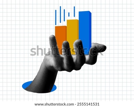 Modern collage with halftone hand holding sales growth chart.  Business and financial success concept. Analysis stock market. Income growth. Increasing profits illustration