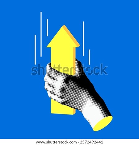 Modern collage with halftone hand holding arrow up. Successful business. Profit growth, financial success