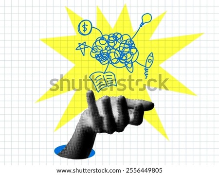 Modern collage with halftone hand and human brain. Knowledge and multitasking concept. Idea generation, innovation and development concept. Human intelligence, mind
