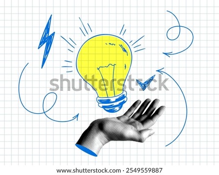 Modern collage. Halftone hand and light bulb. Idea concept. Creative thinking in business. Inspiration, intelligence, knowledge accumulation