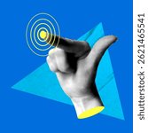 Modern collage with halftone hand presses the button. Pointing hand gesturing. Index finger tapping the screen. Finger touching