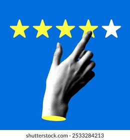 Modern collage with halftone hand pressing on star. Customer review. User rates a product online. Give feedback