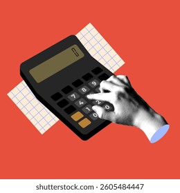 Modern collage with halftone hand and retro calculator. Counting money, profits. Accounting concept