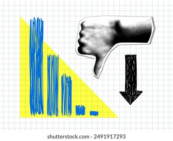 Moderne Collage. Halftone Hand mit Daumen nach unten. Absatzrückgangstabelle im Doodle-Stil, Pfeil nach unten. Geste nicht mögen. Geschäftsprobleme, Marktkrise, Konzept des finanziellen Zusammenbruchs. Zeitungs-Elemente