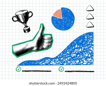 Moderne Collage. Halftone Hand zeigt Daumen hoch. Doodle-Stil Umsatz Wachstumsdiagramm, Tortendiagramm, Gewinner-Cup. Erfolgskonzept. Marketing-Analyse. Datenanalysediagramme. Trendiges Zeitungselement