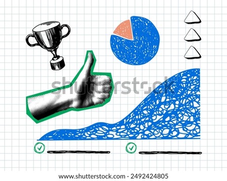 Modern collage. Halftone hand showing thumbs up. Doodle style sales growth chart, pie chart, winner cup. Business success concept. Marketing analysis. Data analytics graphs. Trendy newspaper element