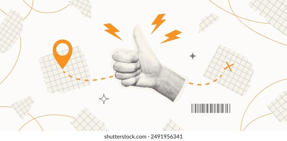 Modern collage with halftone hand thumbs up. Yellow location pin, with a route drawn in dashed yellow lines from the pin to destination marked with an X. Vector illustration