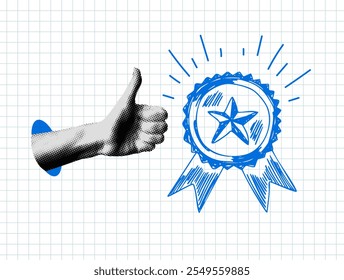 Modern collage. Halftone hand with thumbs up and quality assurance medal. Doodle style quality guarantee with star and ribbon. High quality rating