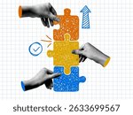 Modern collage. Halftone hands connect a puzzle in doodle style. Teamwork concept. Team, partnership metaphor. People connecting puzzle elements. Team builds together. Newspaper body parts