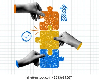 Modern collage. Halftone hands connect a puzzle in doodle style. Teamwork concept. Team, partnership metaphor. People connecting puzzle elements. Team builds together. Newspaper body parts