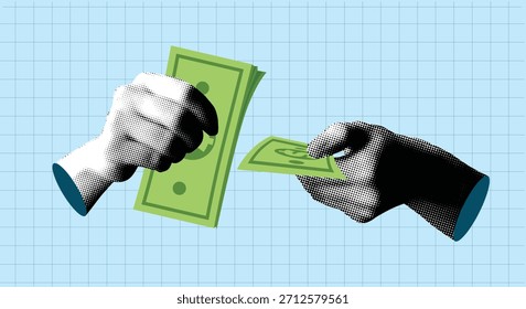 Collage moderno con manos de medio tono cuentan papel moneda. Conceptos de finanzas, economía y ahorro. Gestión financiera. Persona que posee billetes