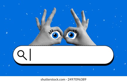 Modern collage with halftone hands, eyes and search box. Person looking for information in the search bar. Concept of searching, looking, finding opportunities and knowledge in internet. SEO concept