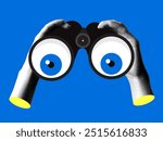 Modern collage with halftone hands hold binoculars. Searching, observing and watching concept. Illustration for finding, looking, web surfing, research. Marketing analysis, SEO concept