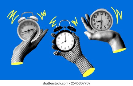 Modern collage with halftone hands holding alarm clocks. Ringing alarm clock. Newspaper elements. Deadline concept. Time management