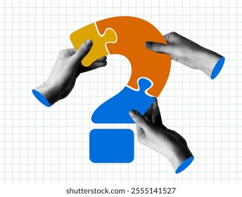 Modern collage with halftone hands holding a question mark shaped puzzle. Team building concept. People holding a pieces of jigsaw. Teamwork. Team communication. Idea generation. FAQ sign