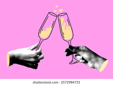 Modern collage with halftone hands holding champagne flutes. Valentines day illustration of couple clinking glasses. Hands holding drinks. People celebrate event together