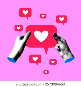 Modern collage with halftone hands holding like button. Concept of social media addiction. Social media heart reaction