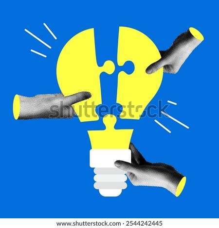 Modern collage with halftone hands holding a puzzle in a shape of light bulb. Team building concept. People holding a pieces of jigsaw. Teamwork. Team communication. Joint cooperation. Idea generation